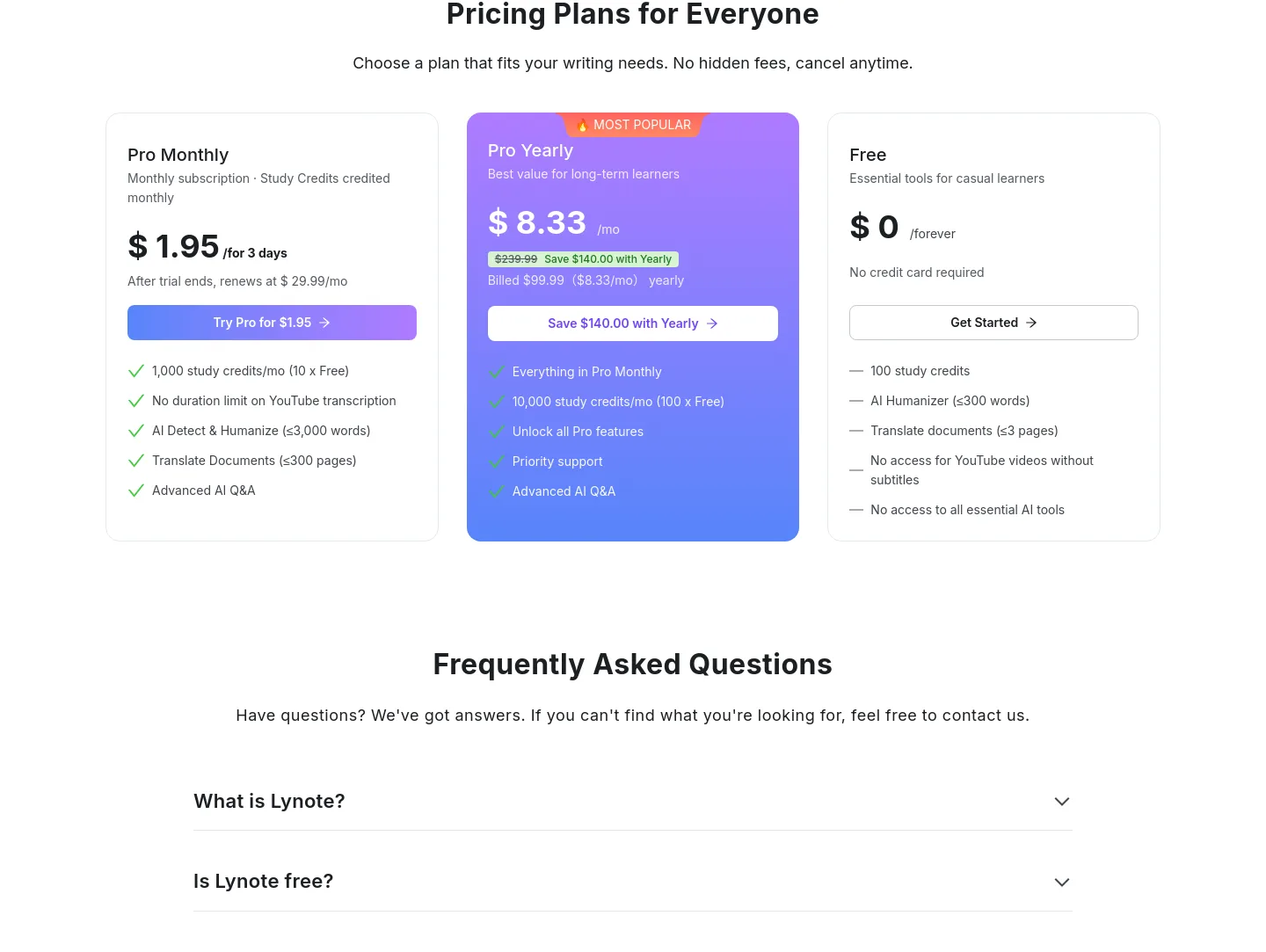 lynote.ai Pricing section