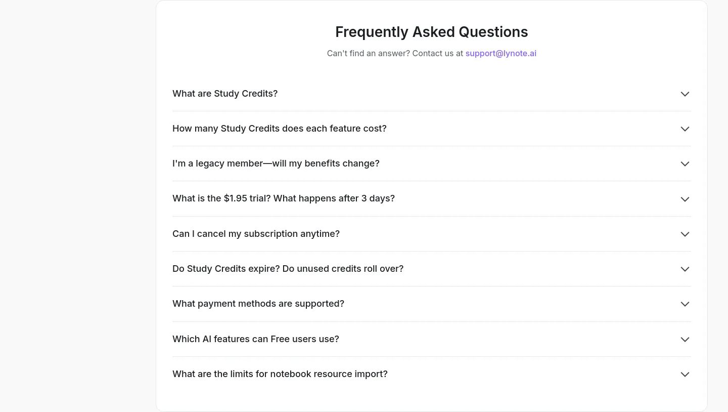 lynote.ai — a real FAQ section