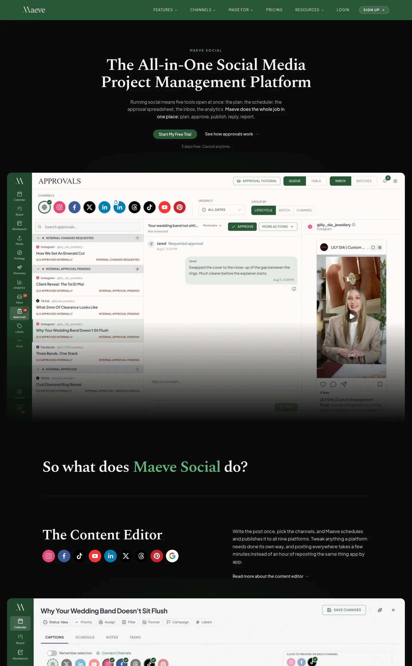 maevesocial.com — a real Hero + Pricing page