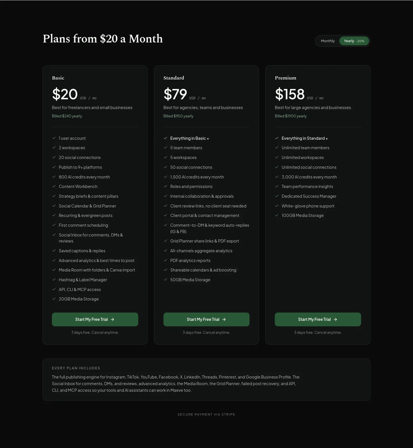 maevesocial.com — a real Pricing section