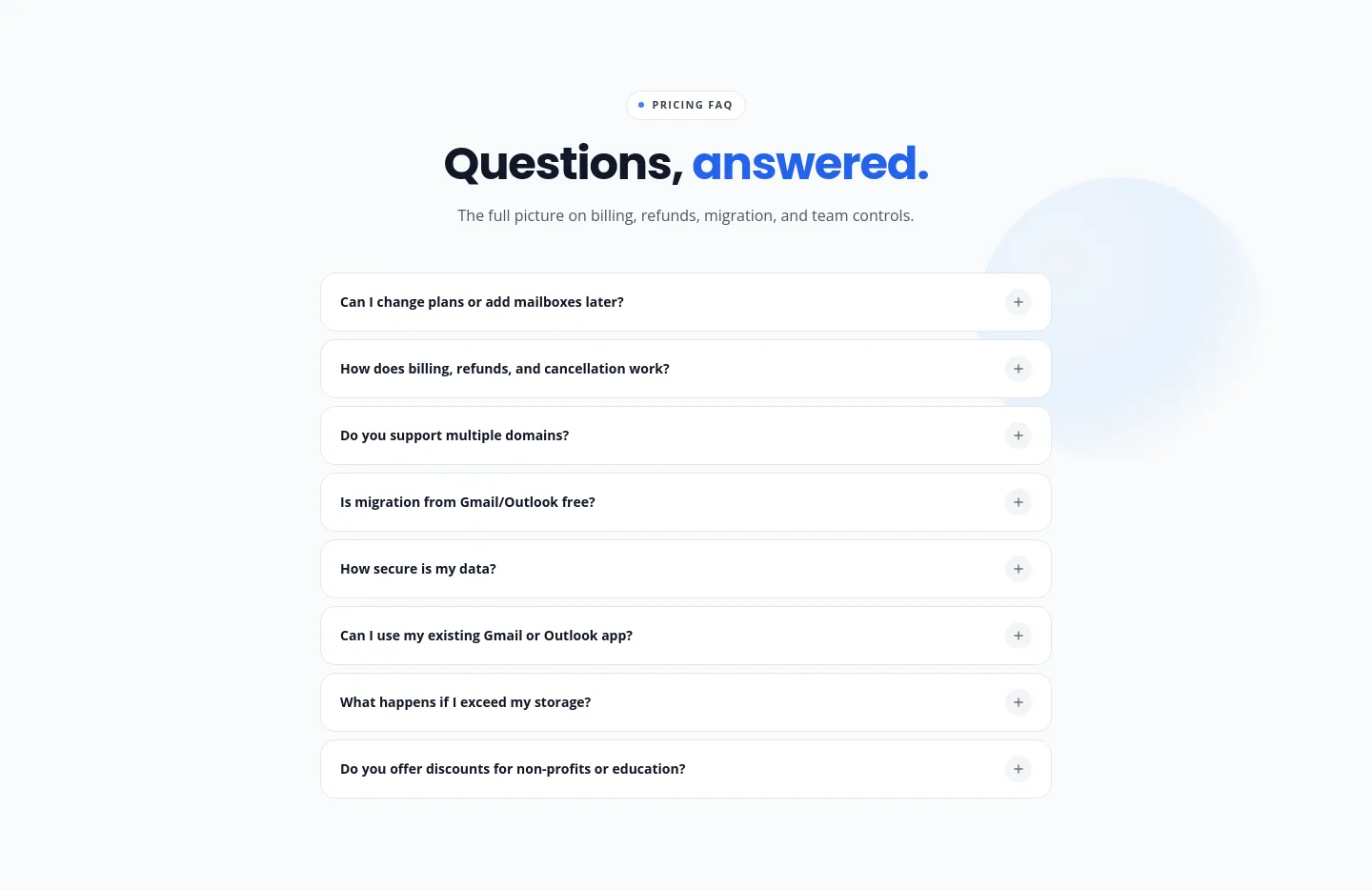 mailafiniti.com — a real FAQ section