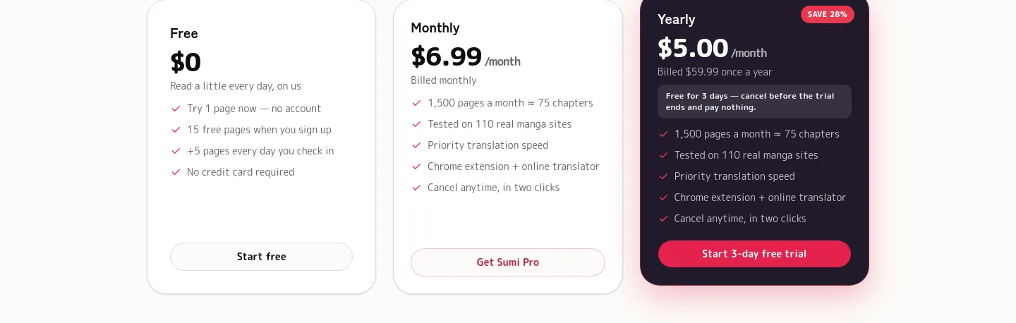 mangasumi.com — a real Pricing section
