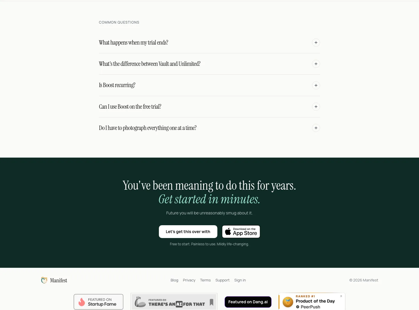 manifestme.me — a real FAQ section