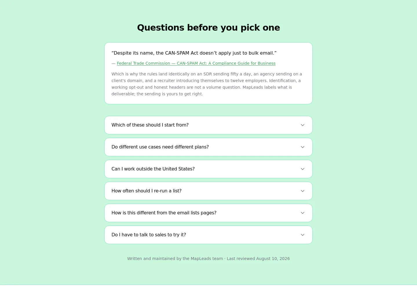 mapleads.ai — a real FAQ section