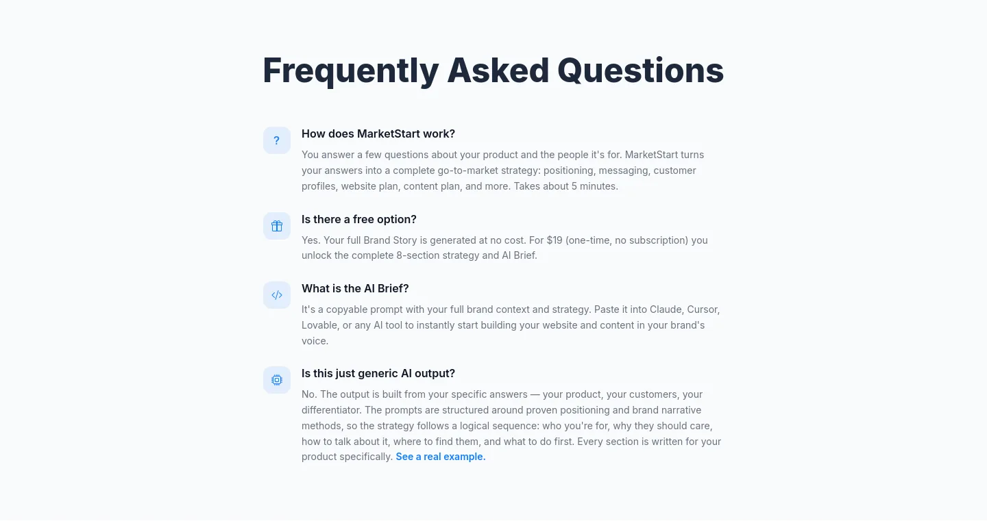 marketstart.co — a real FAQ section