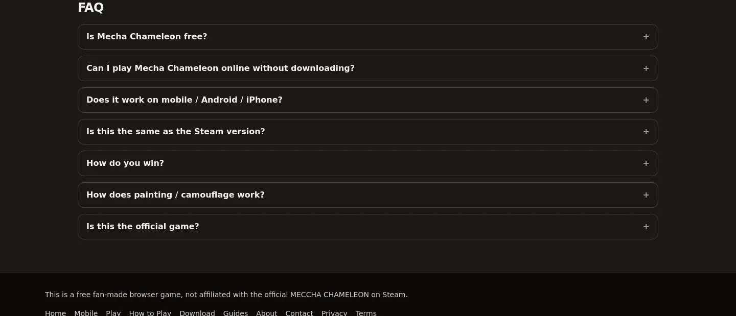 mecchachameleonplay.com — a real FAQ section