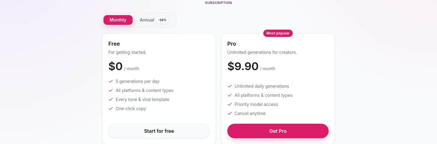 mediagen.fun — a real Pricing section