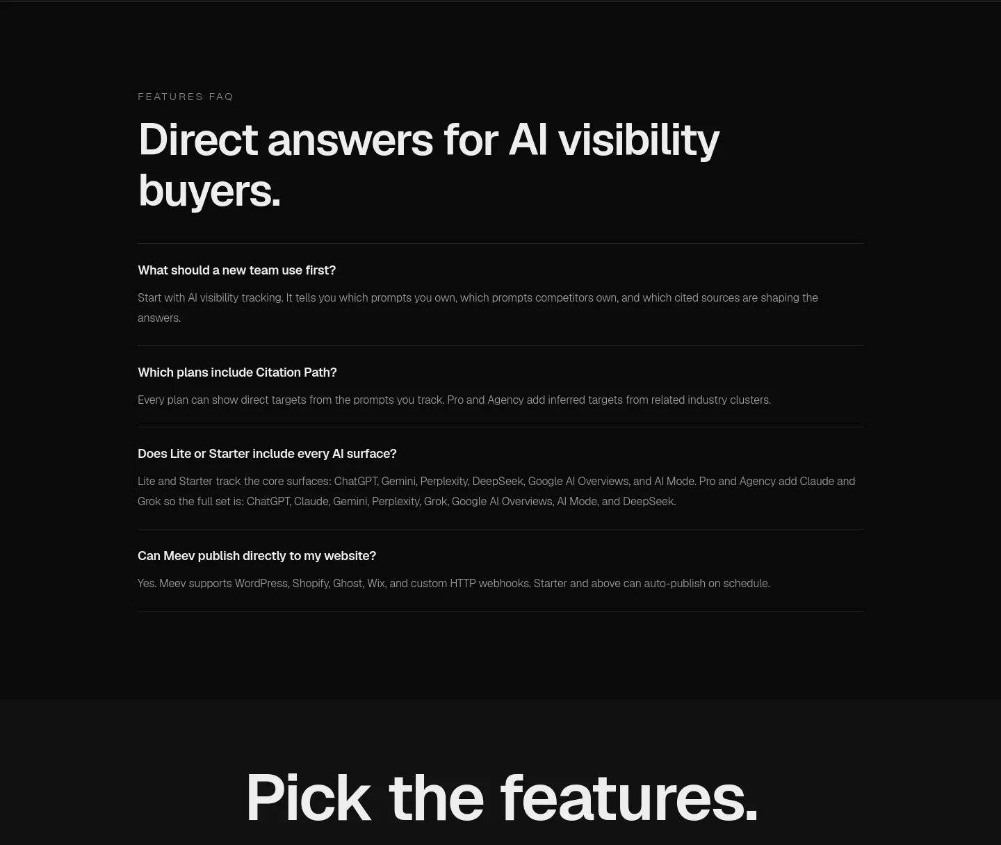 meev.ai — a real FAQ section