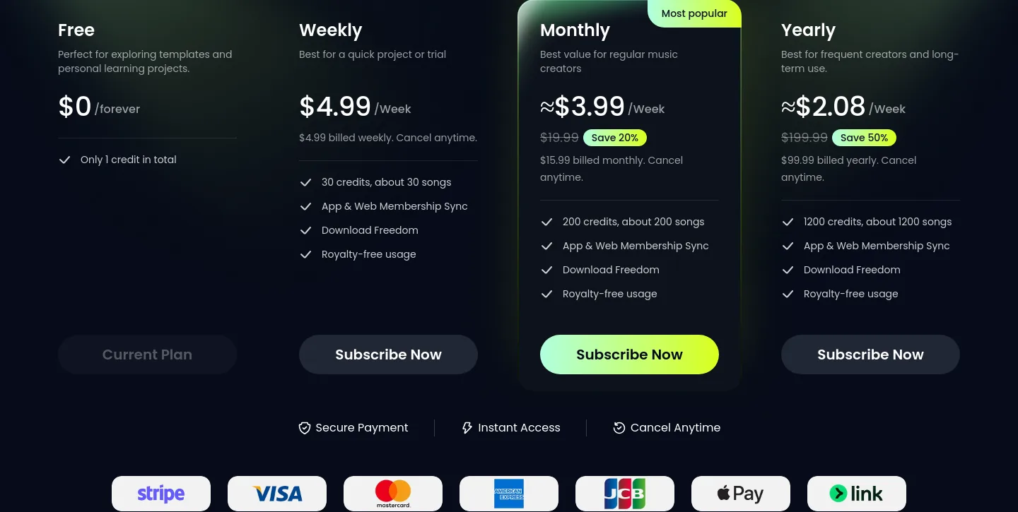 melodycraft.app — a real Pricing section