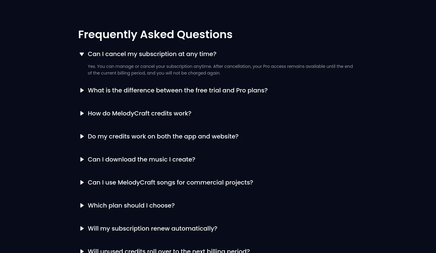 melodycraft.app FAQ section