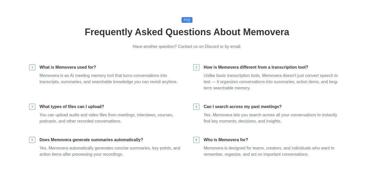 memovera.io FAQ section