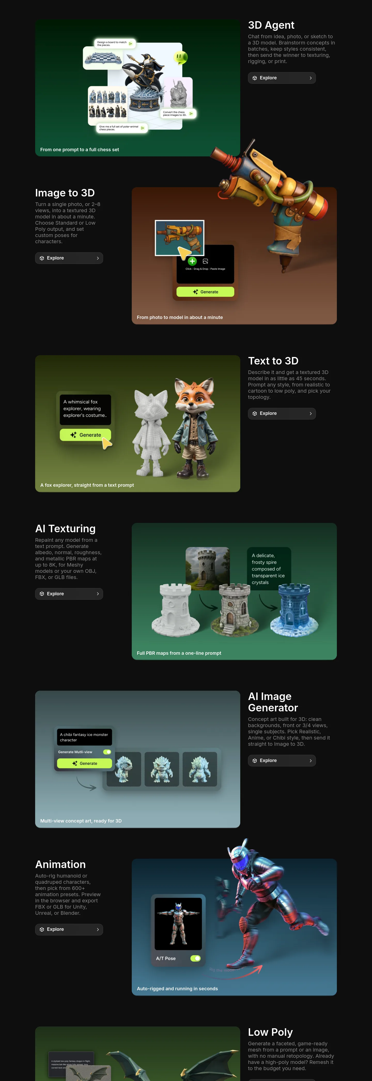 meshy.ai — a real Features section