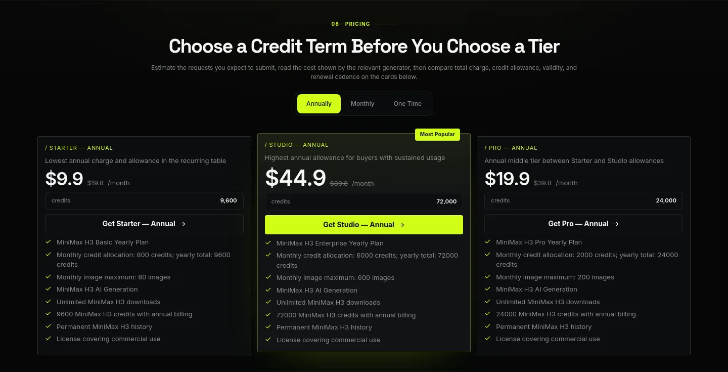 minih3.pro — a real Pricing section