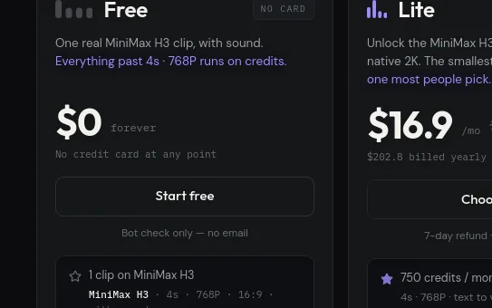 No credit card element from minimax-h3ai.video