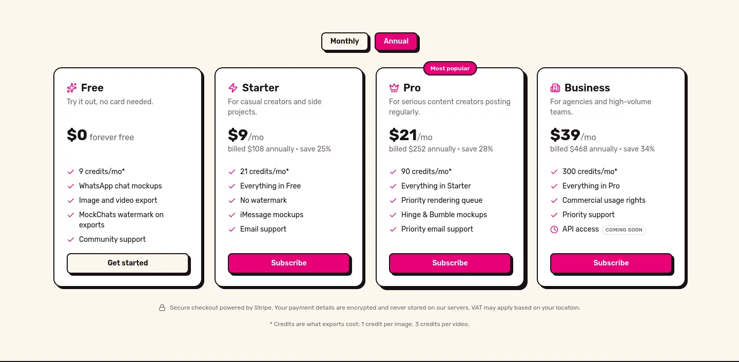 mockchats.com — a real Pricing section