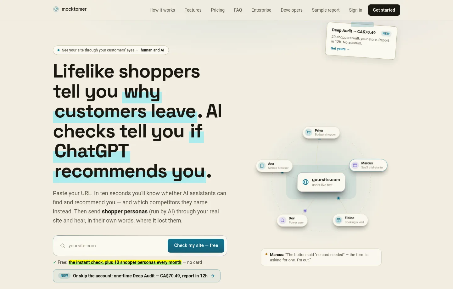 mocktomer.ai — a measured funnel