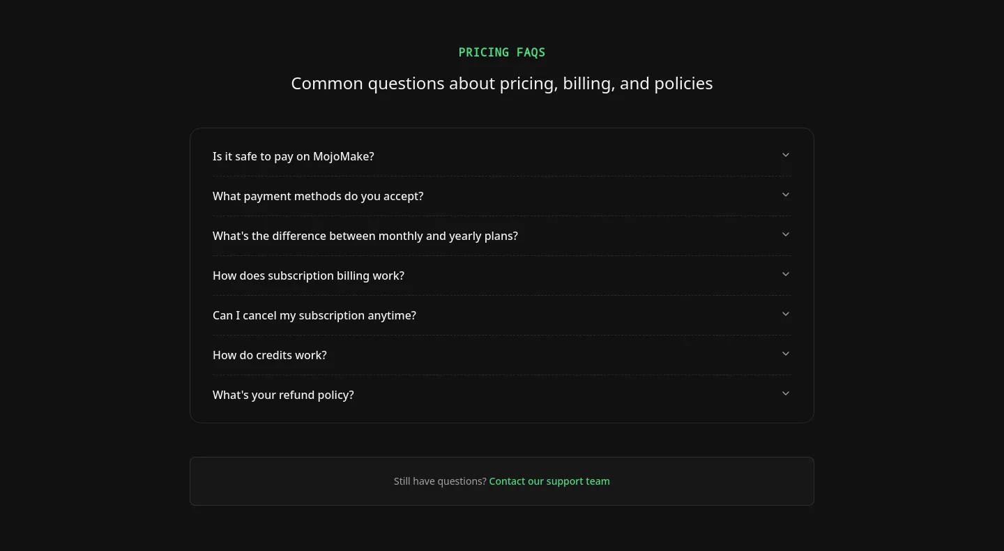mojomake.com FAQ section