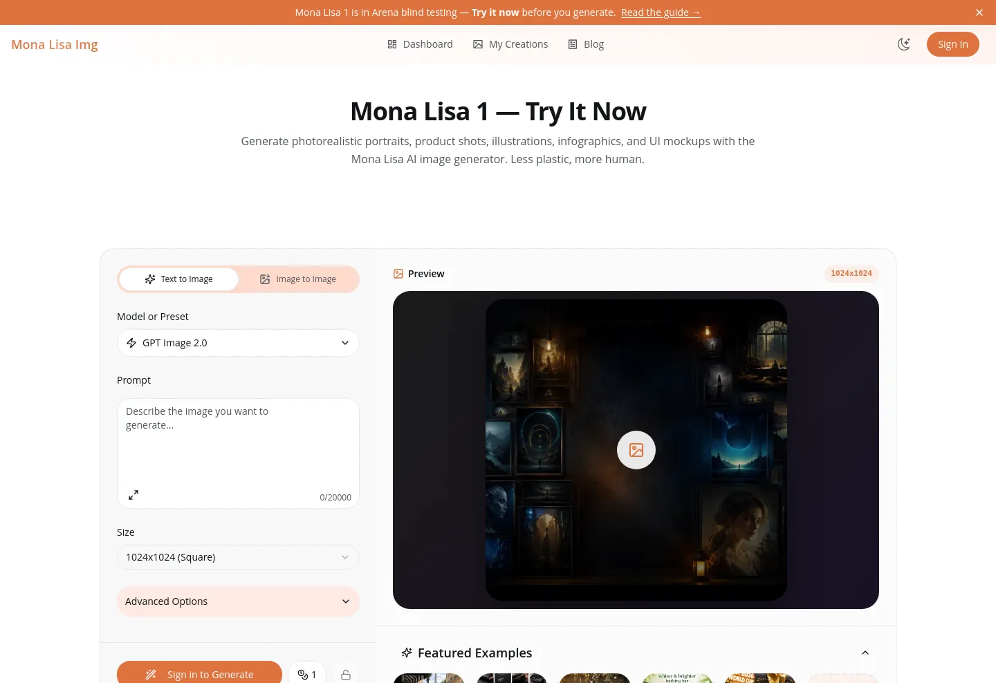 monalisaimg.com — a real Hero + Features + FAQ page