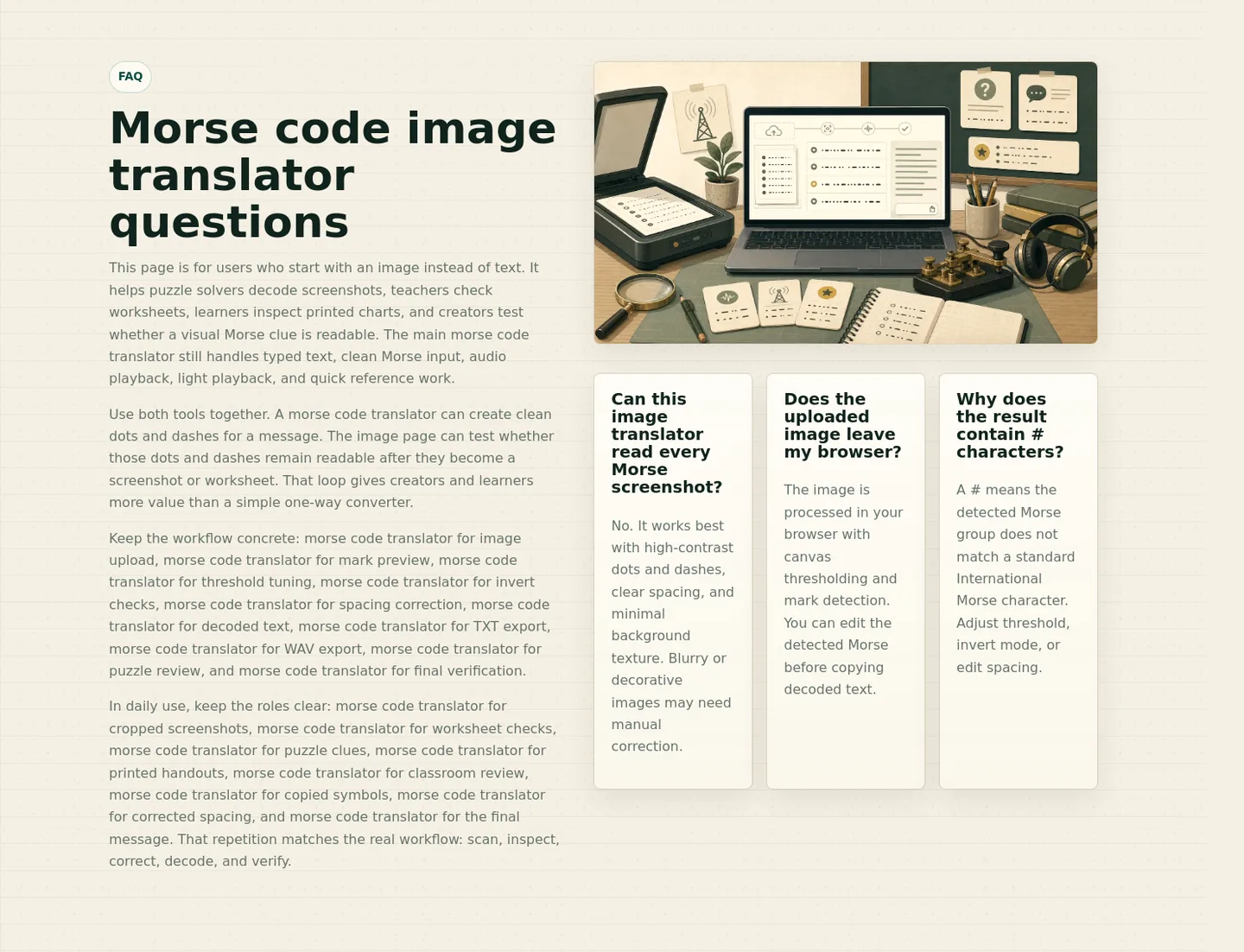 morsecodetranslator.run — a real FAQ section