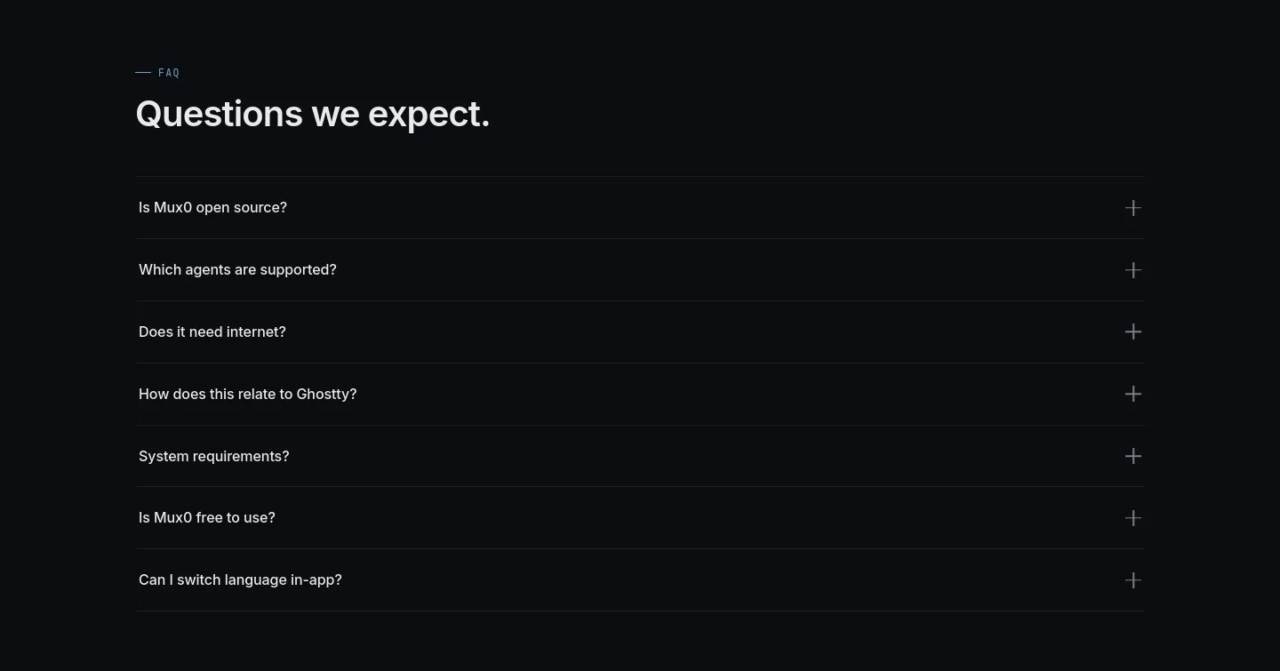mux0.com — a real FAQ section