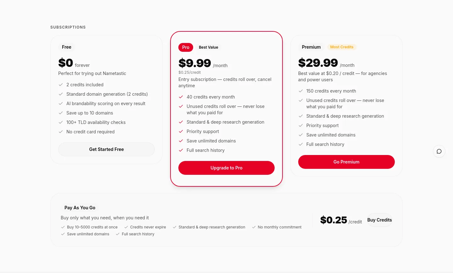nametastic.com — a real Pricing section