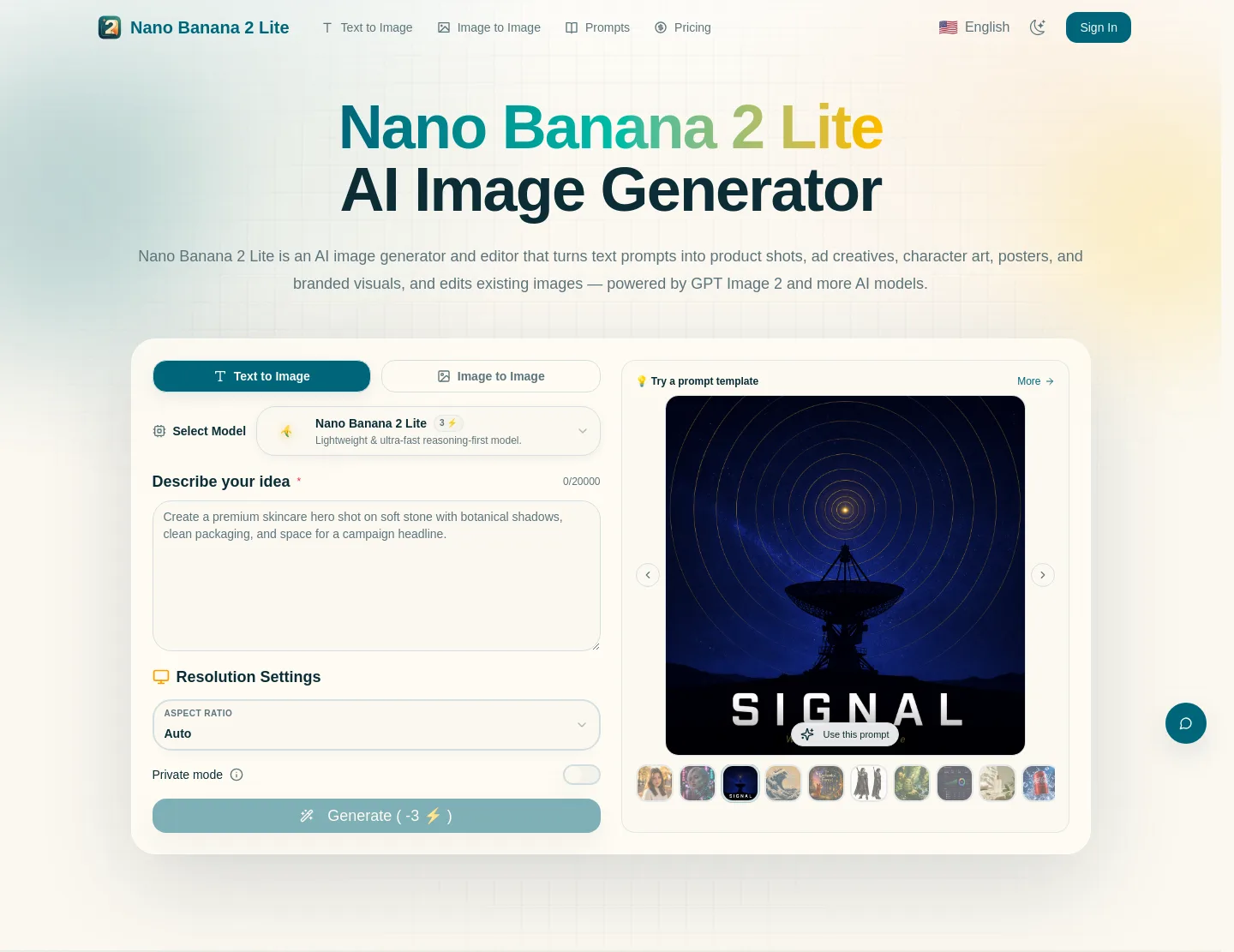 nanobananalite.app Hero section