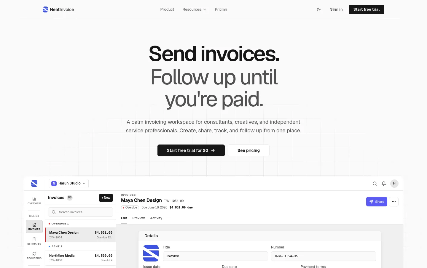 neatinvoice.app — a measured funnel