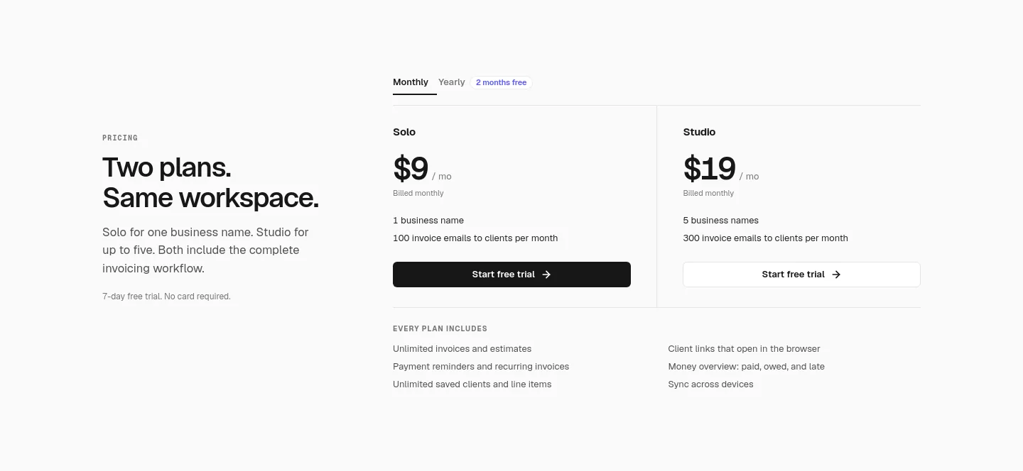neatinvoice.app Pricing section
