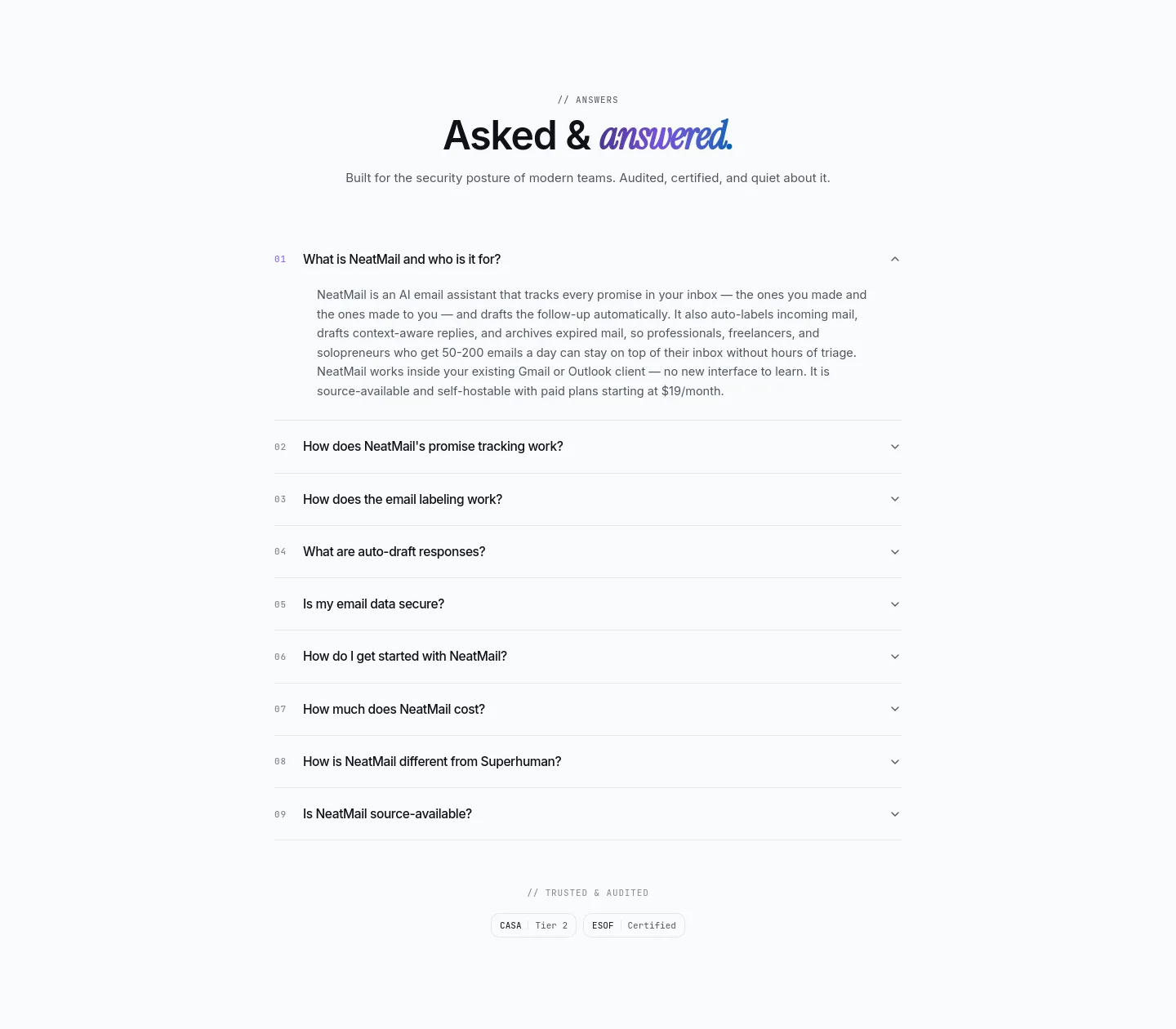 neatmail.app — a real FAQ section