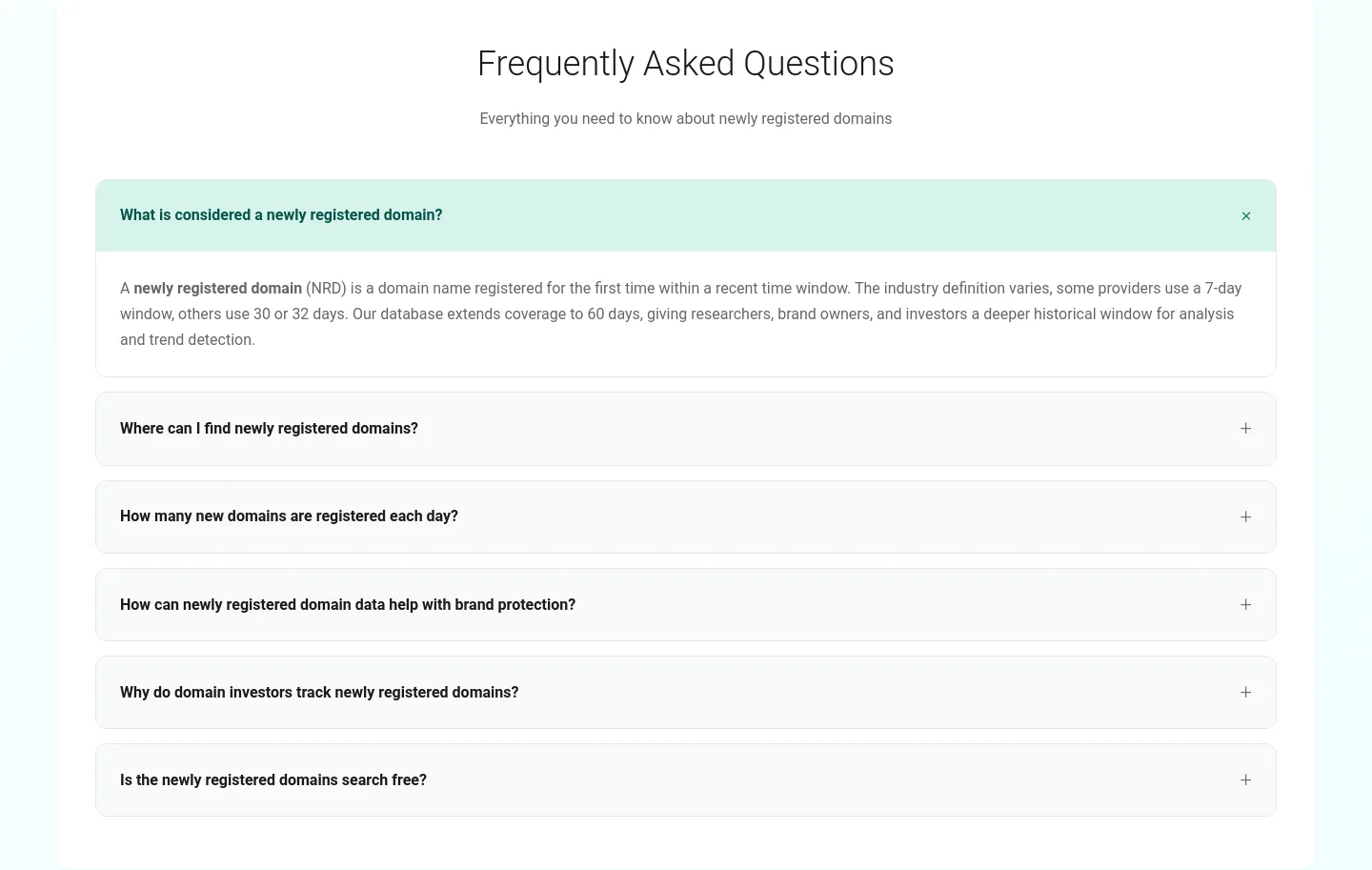 newlyregistereddomains.io — a real FAQ section