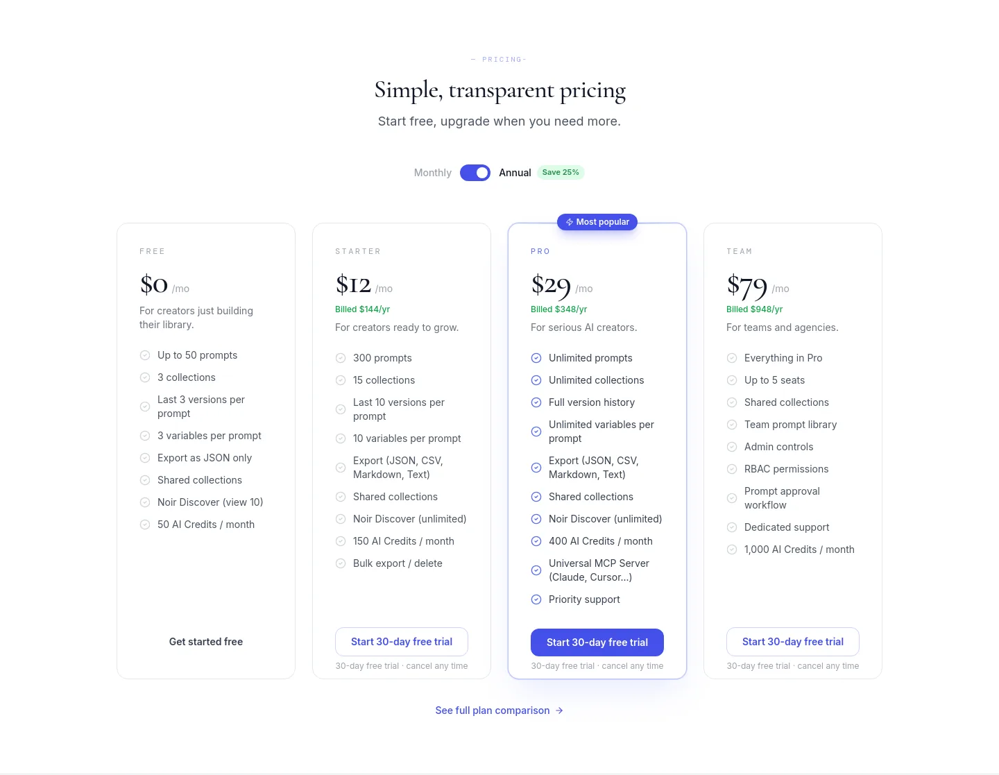 noirprompt.com — a real Pricing section