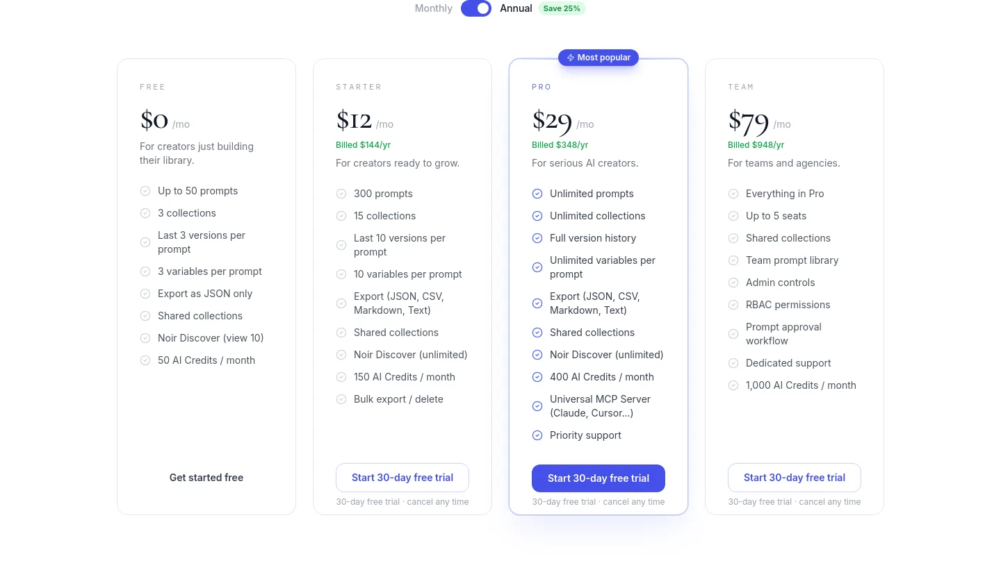 noirprompt.com Pricing section