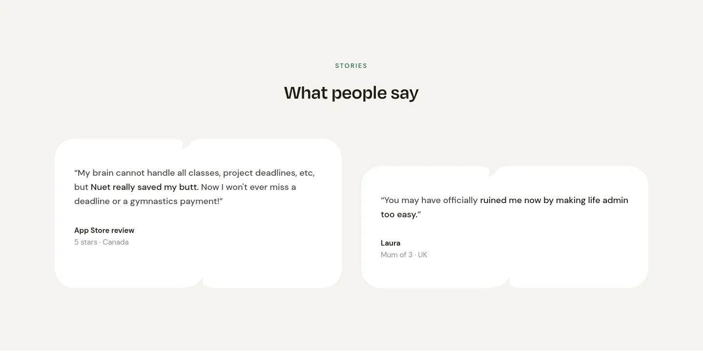 nuet.ai — a real Reviews section