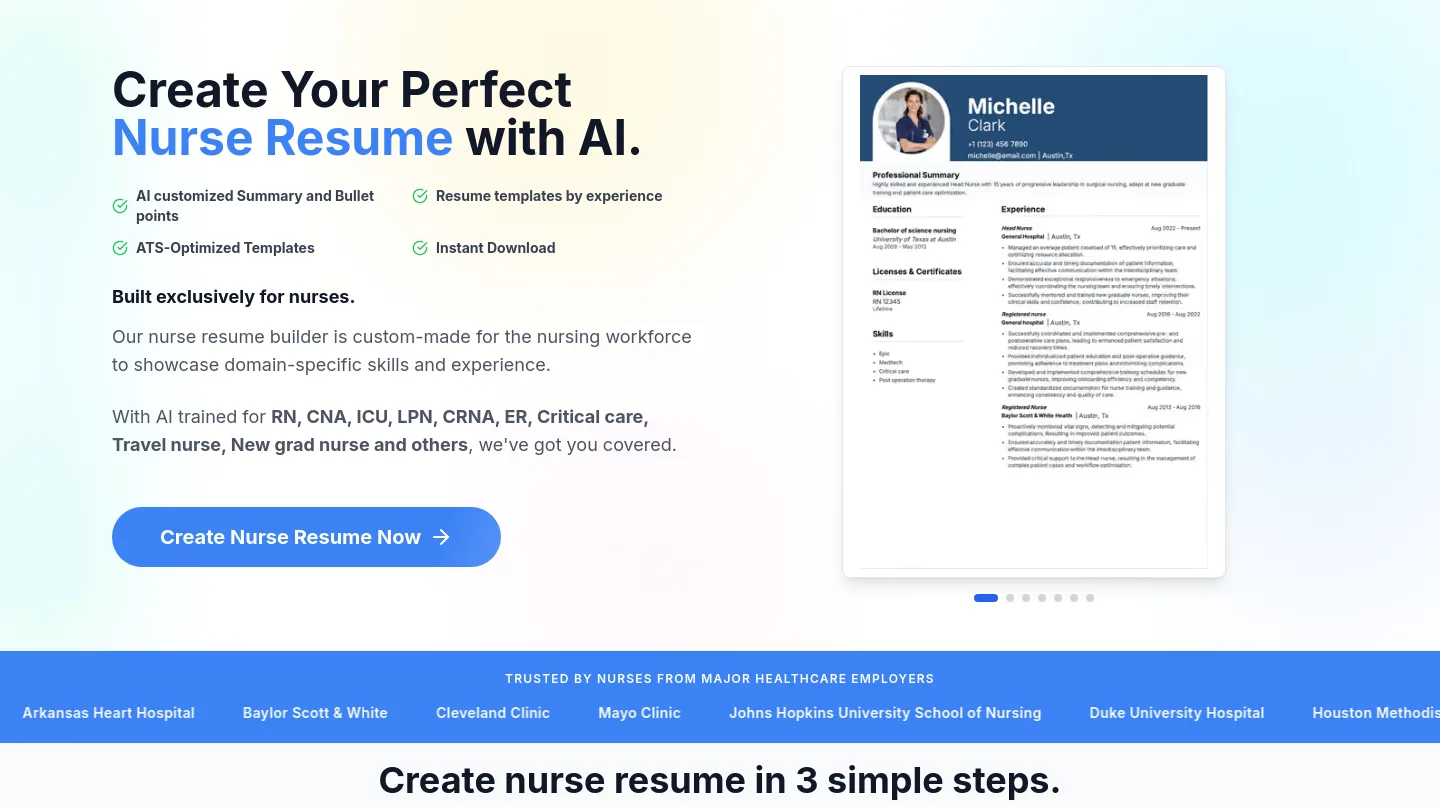 nurseresumebuilder.app Hero section