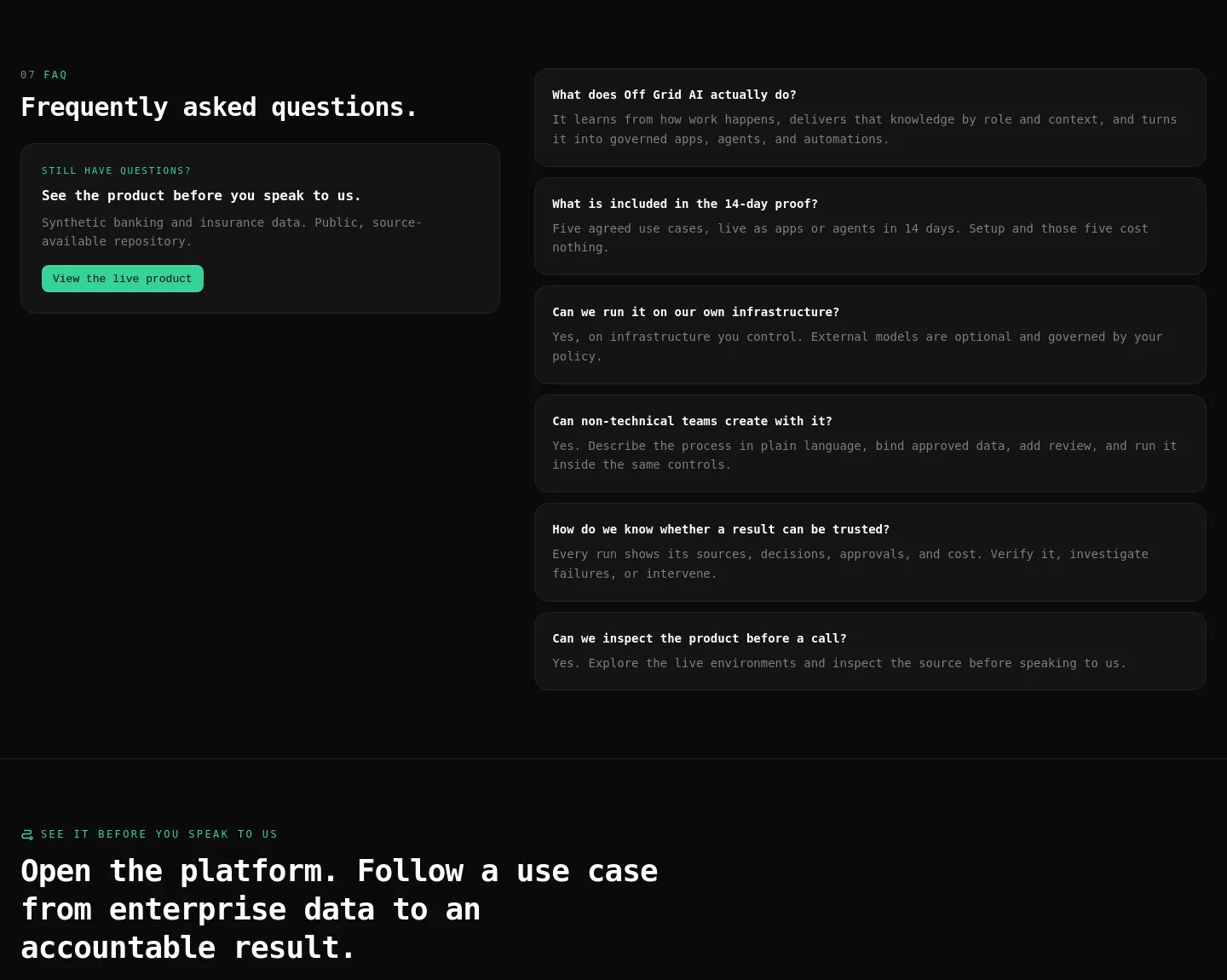 onprem-console.getoffgridai.co FAQ section