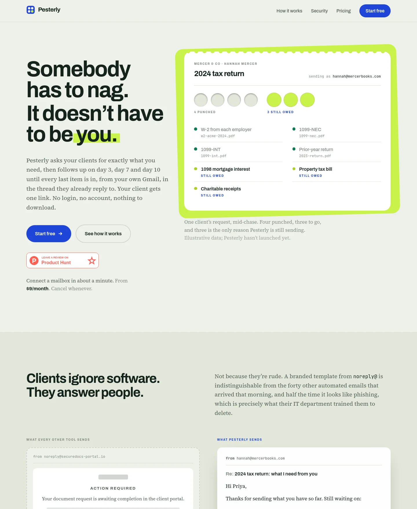 pesterly.com — a real Hero + Pricing page