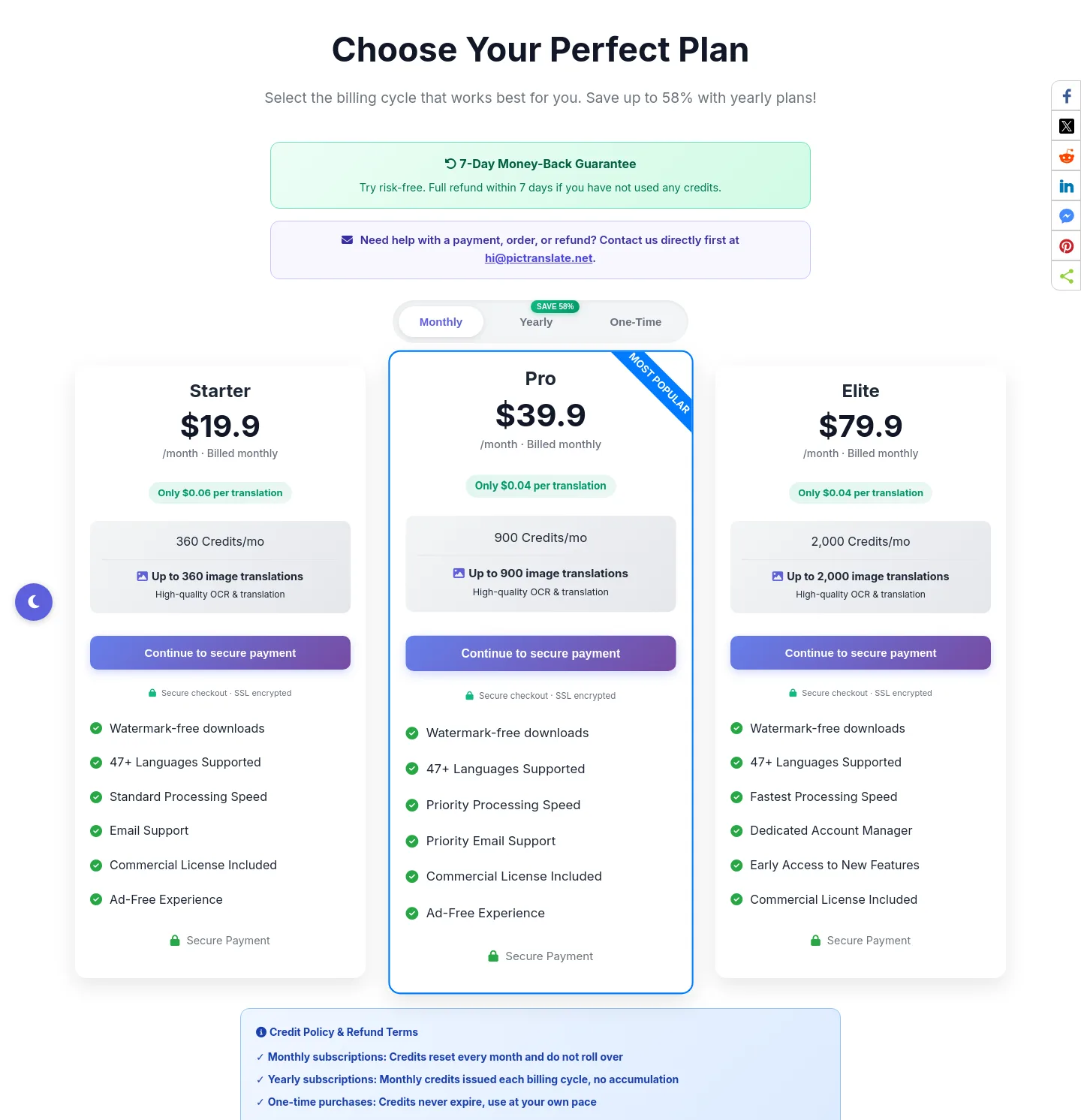 pictranslate.net Pricing section