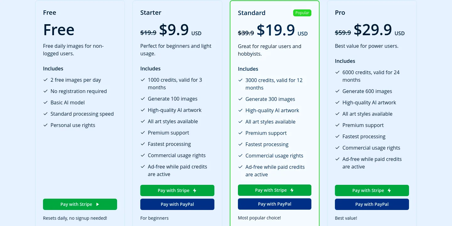 picturetodrawing.org — a real Pricing section