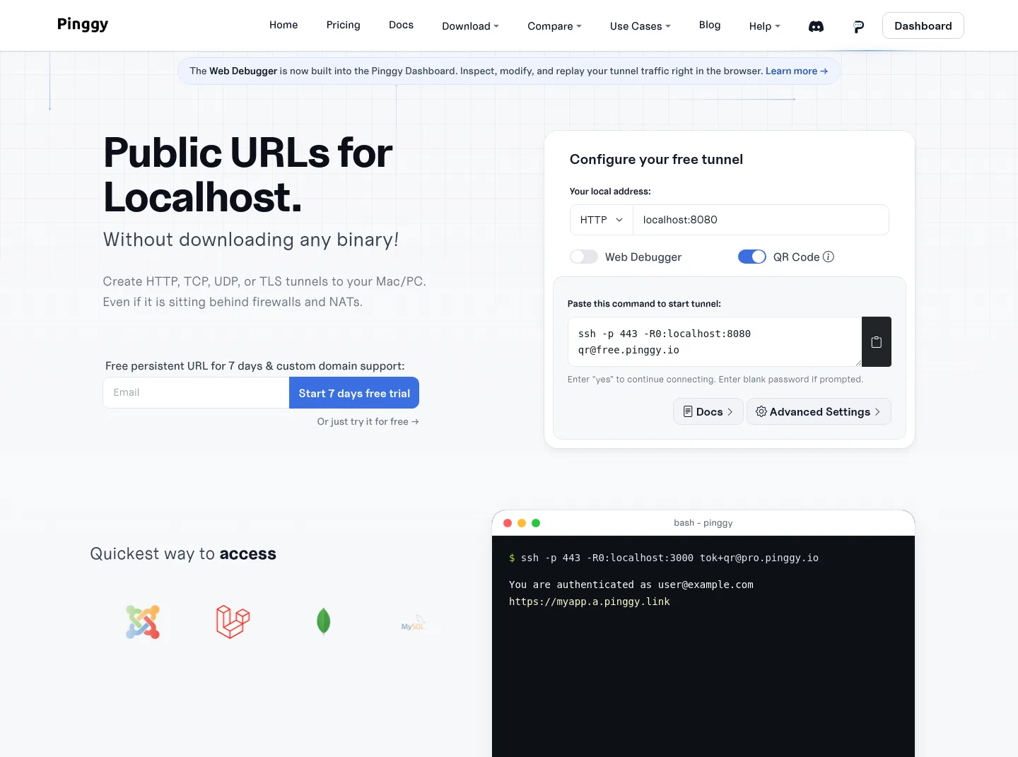 pinggy.io — a measured funnel