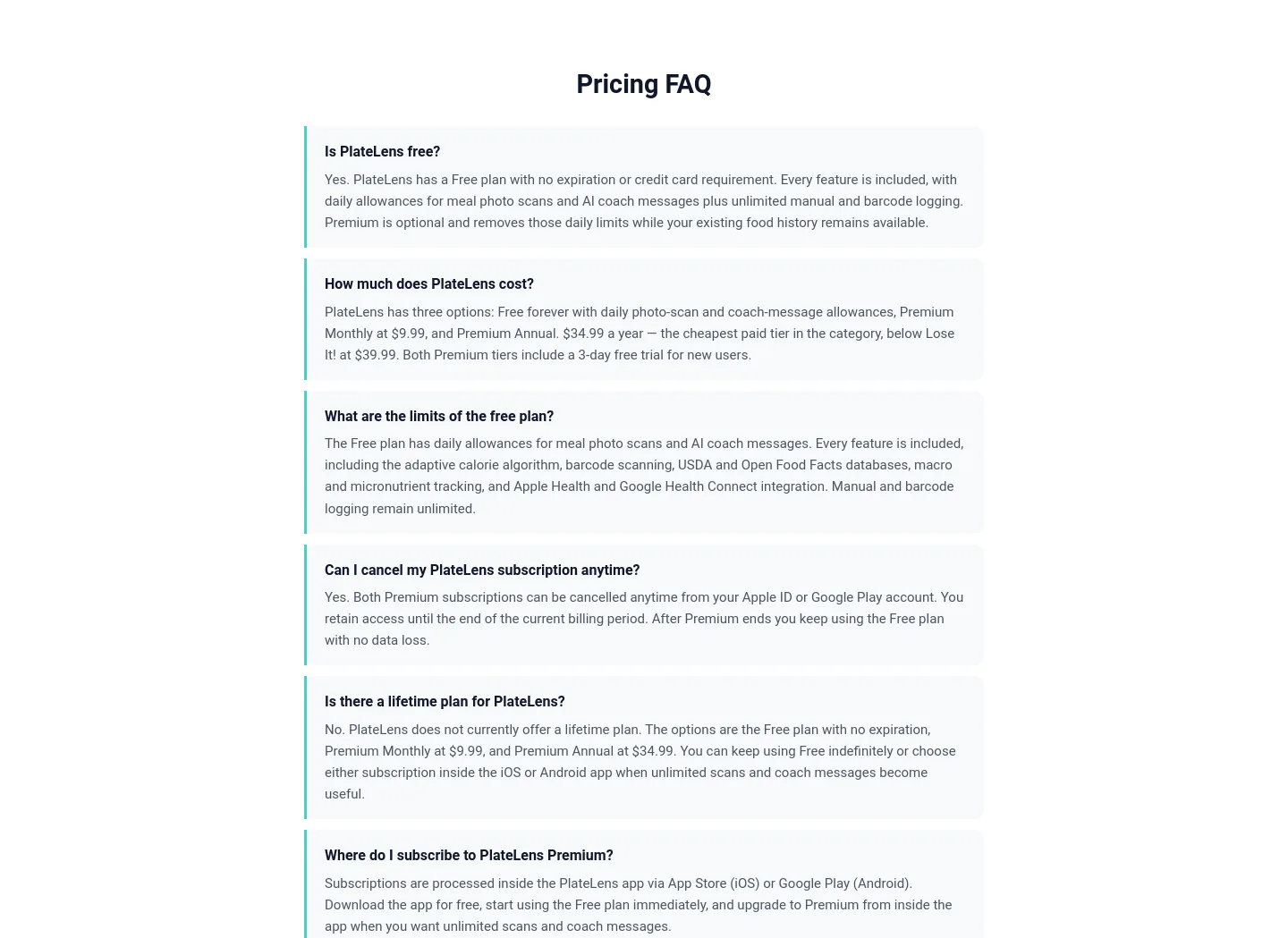 platelens.app — a real FAQ section