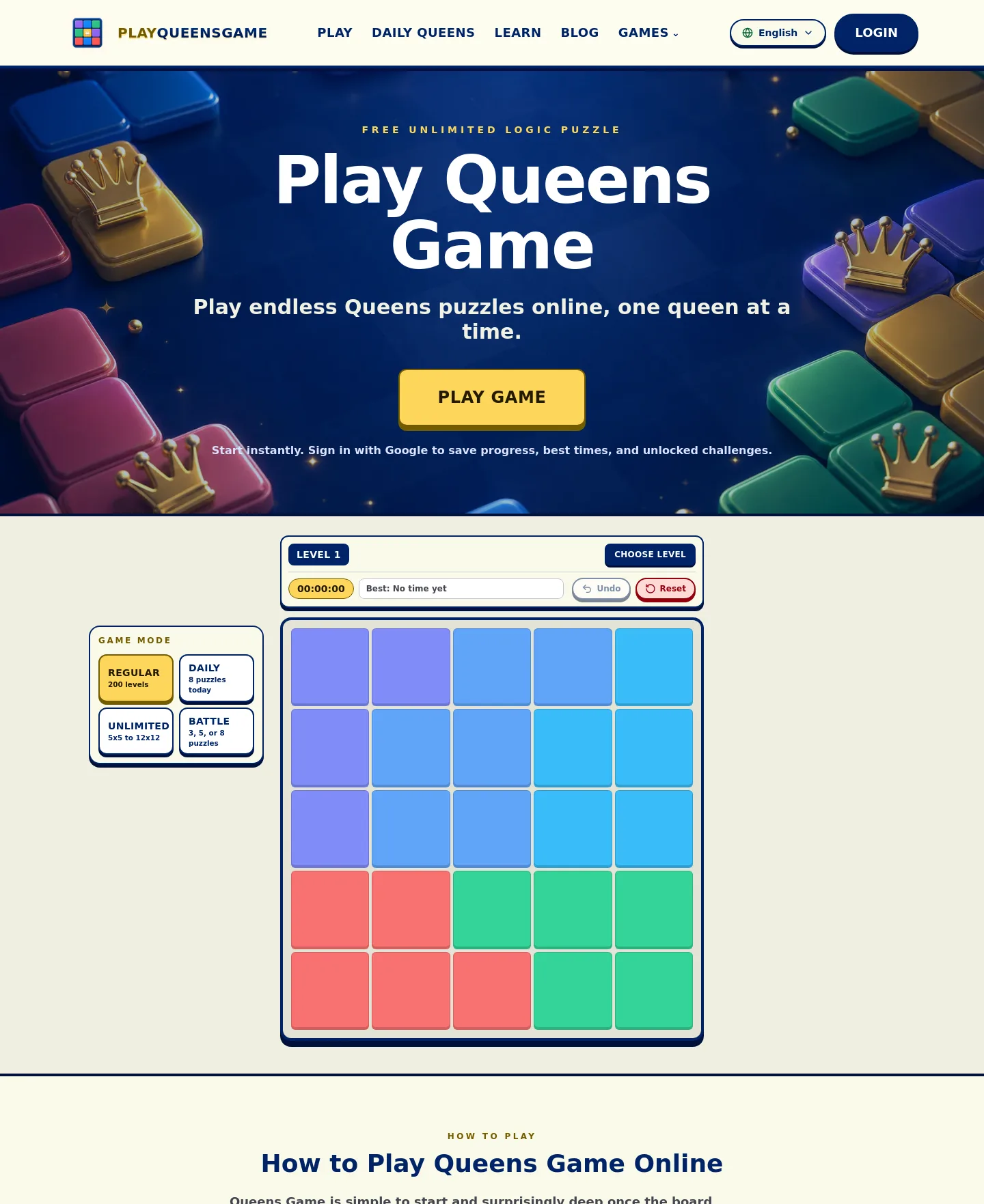 playqueensgame.org — Hero + Features + FAQ