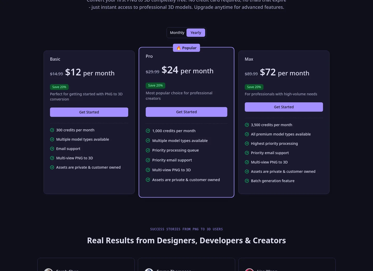 pngto3d.org — a real Pricing section