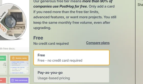No credit card element from posthog.com