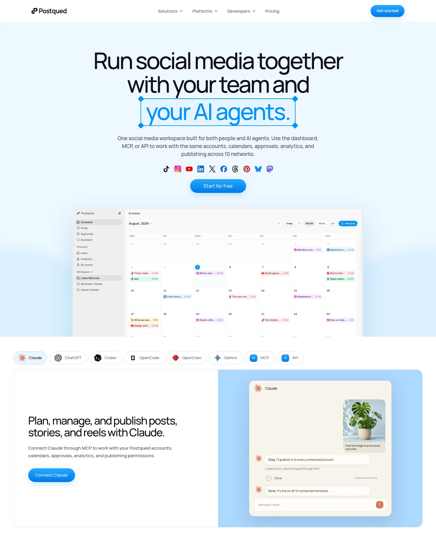 postqued.com — Hero + Features + FAQ