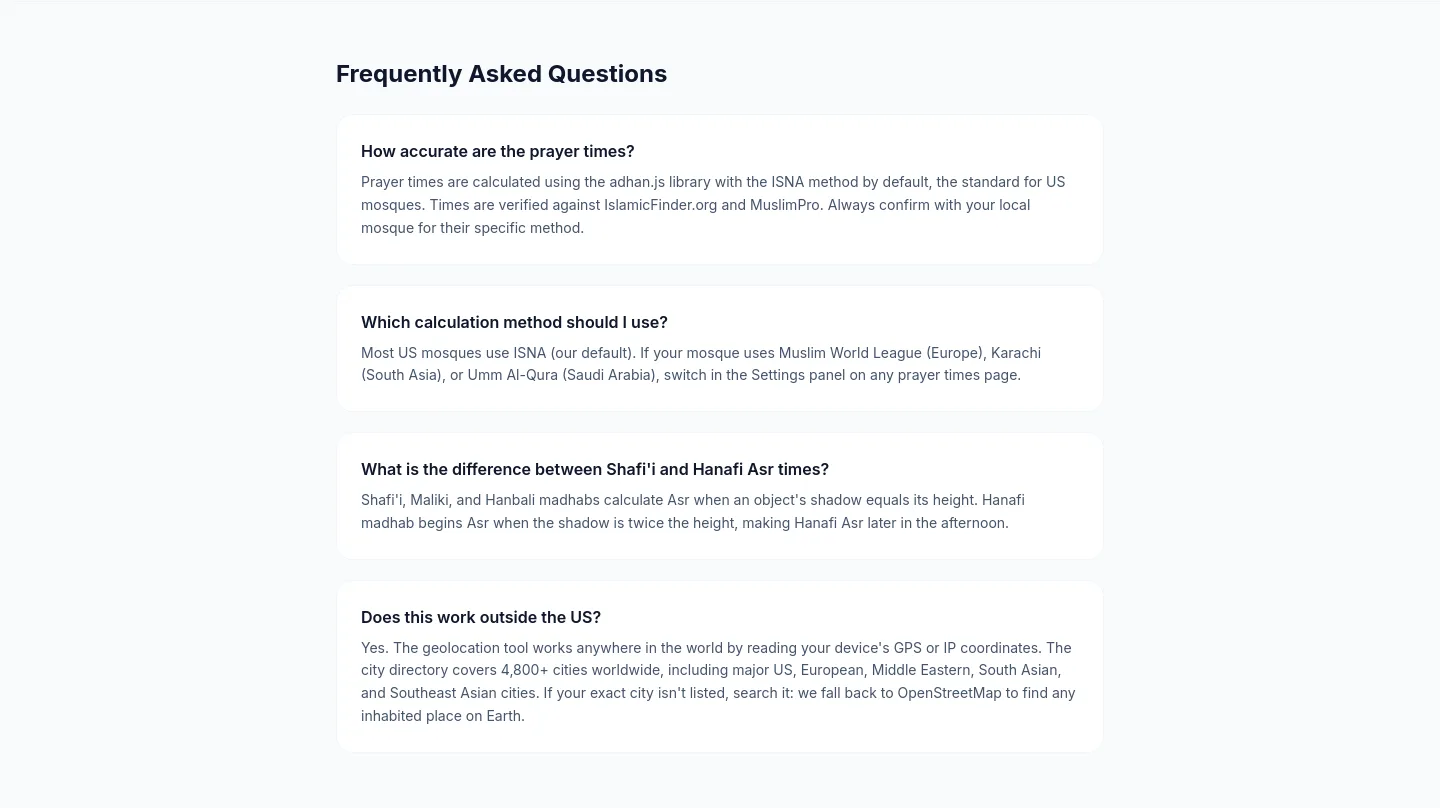 prayertimesnearme.com FAQ section