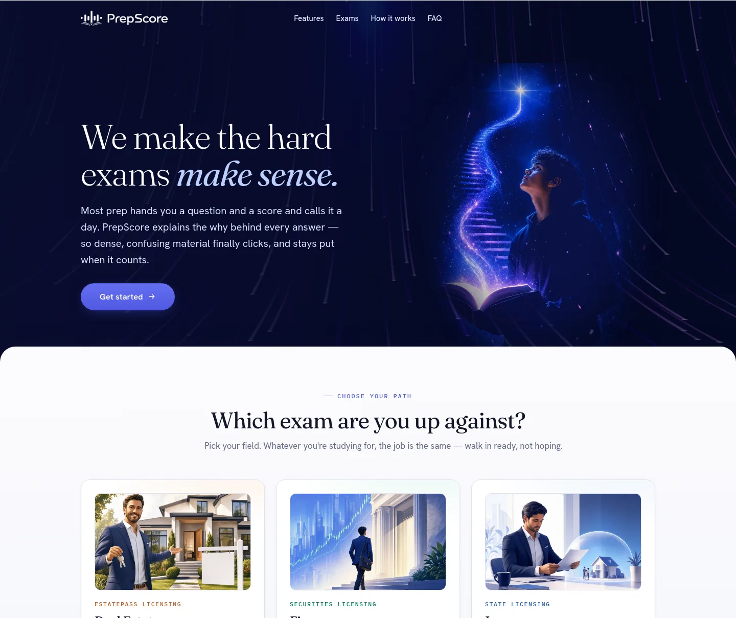 prepscore.ai — a real Hero + Features + FAQ page