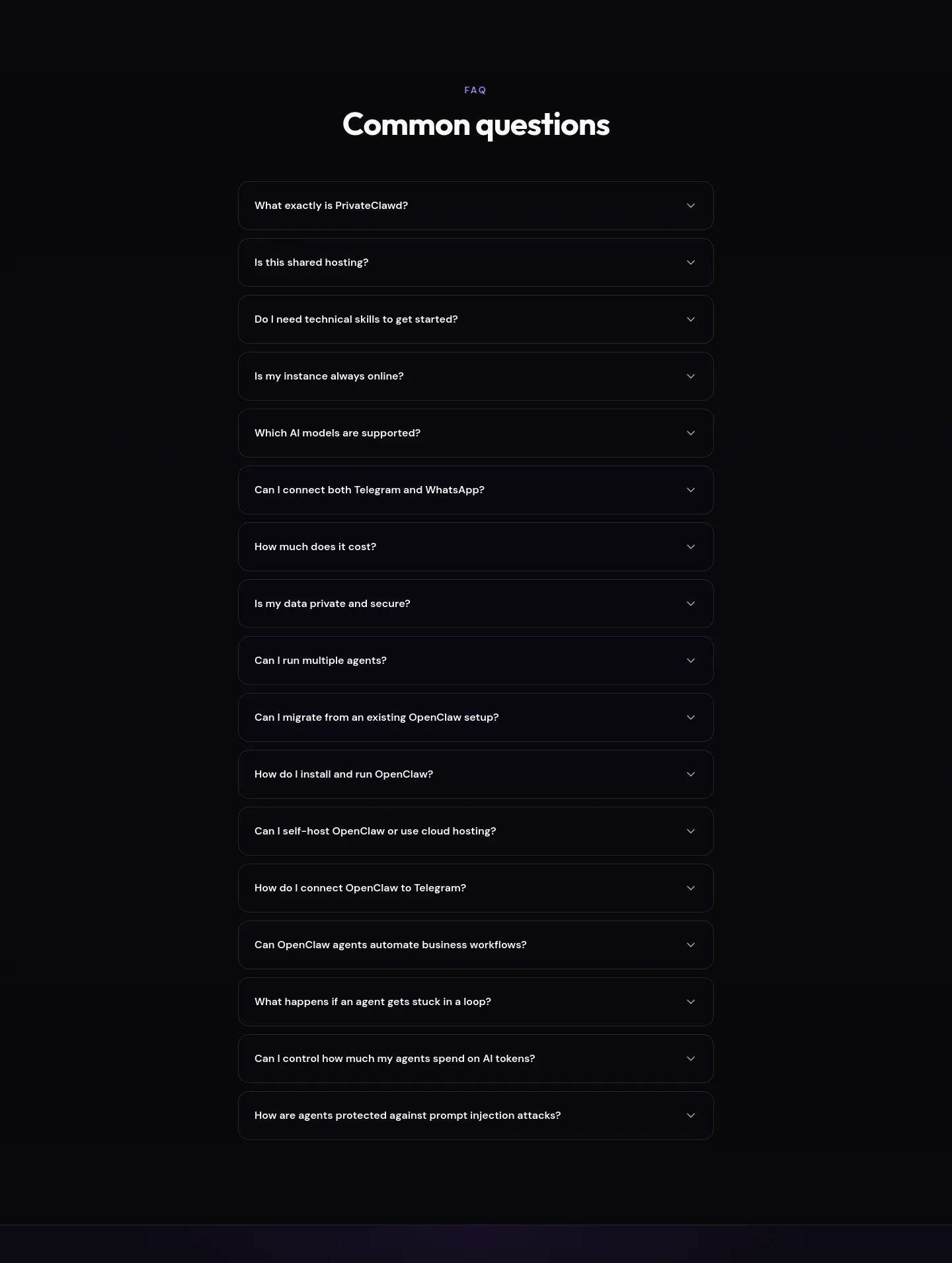 privateclawd.com — a real FAQ section