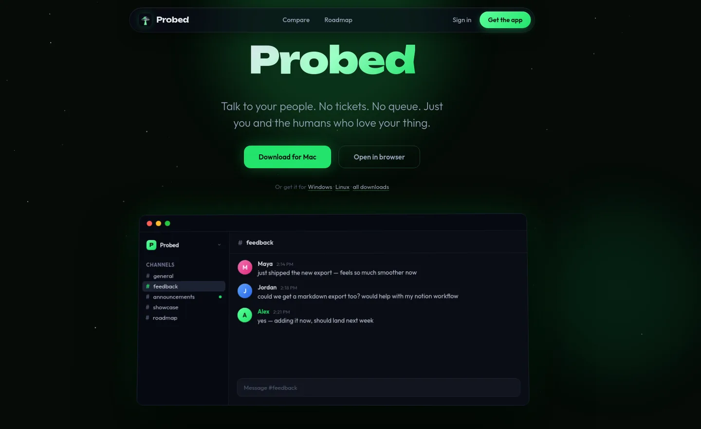 probed.chat — a measured funnel