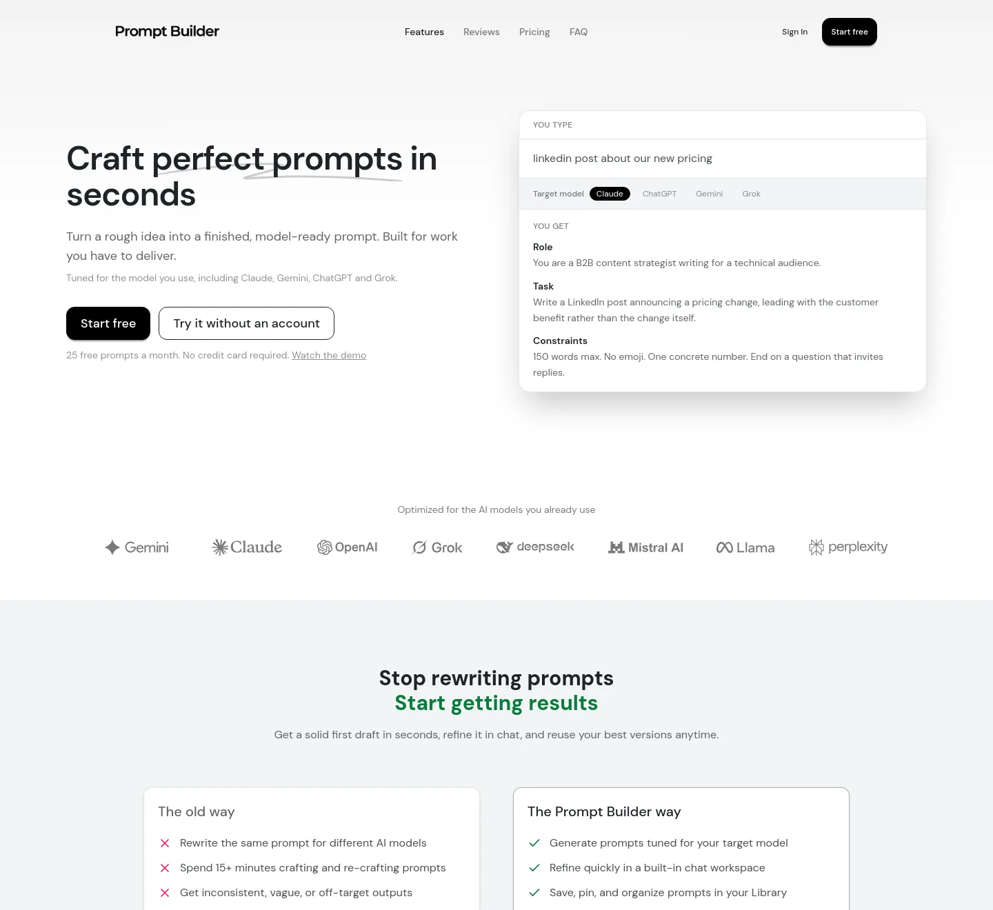 promptbuilder.cc — Hero + Logo Wall + Pricing + FAQ