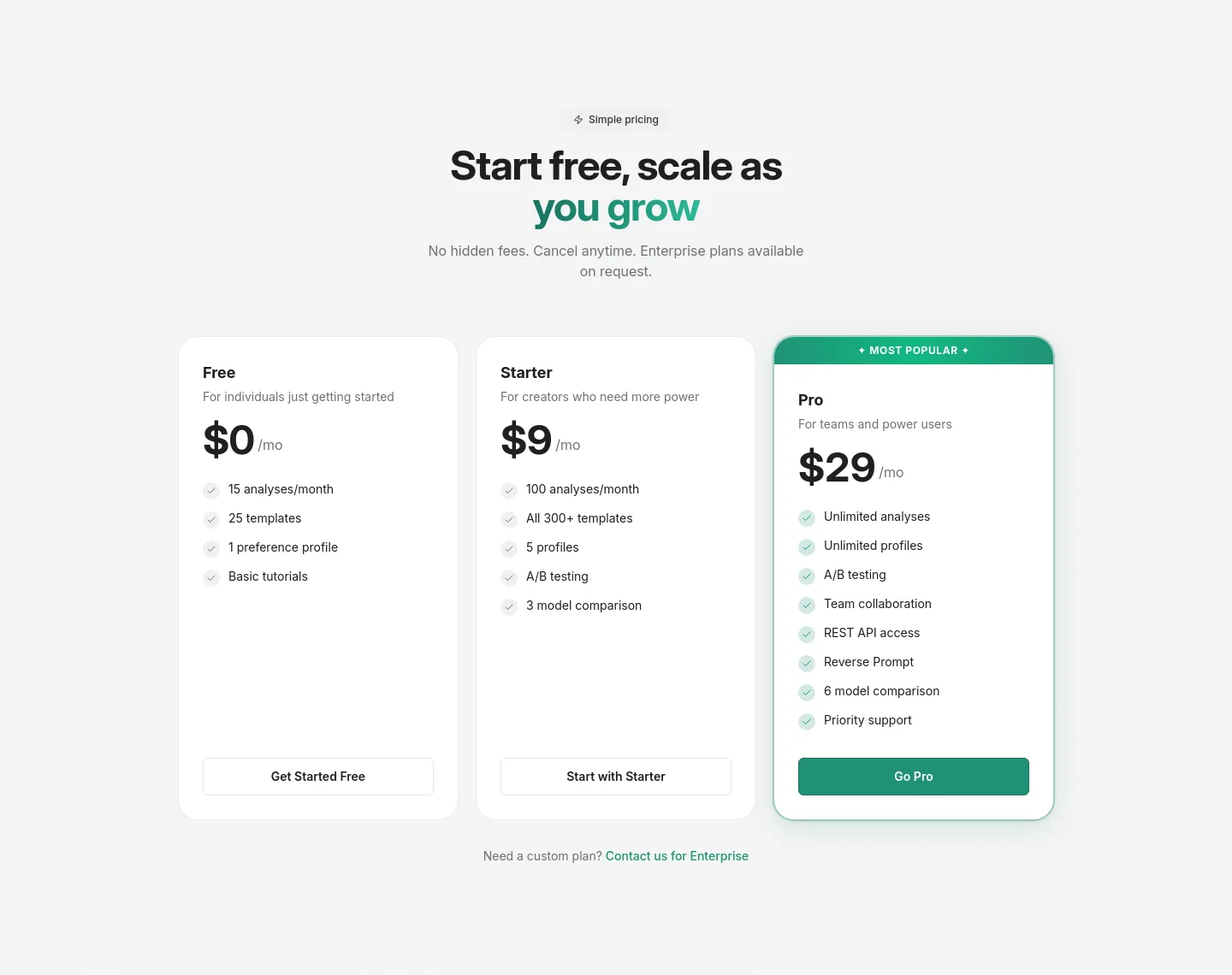 promptfix.online — a real Pricing section